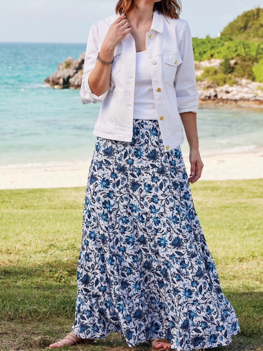 Soft Surroundings Ginnie Blue Floral Rayon Elastic Back Tiered Maxi Skirt Size L